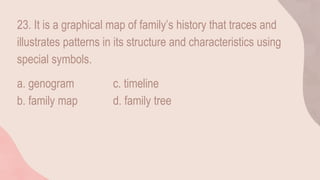23. It is a graphical map of family’s history that traces and
illustrates patterns in its structure and characteristics using
special symbols.
a. genogram c. timeline
b. family map d. family tree
 