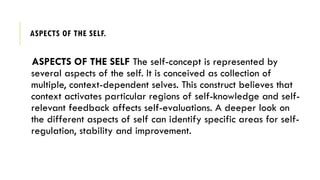 ASPECTS OF THE SELF The self-concept is represented by
several aspects of the self. It is conceived as collection of
multiple, context-dependent selves. This construct believes that
context activates particular regions of self-knowledge and self-
relevant feedback affects self-evaluations. A deeper look on
the different aspects of self can identify specific areas for self-
regulation, stability and improvement.
ASPECTS OF THE SELF.
 