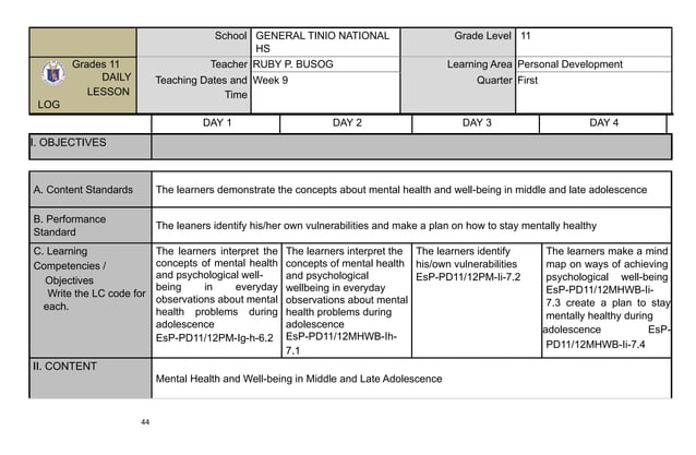PERSONAL DEVELOPMENT LESSON PLAN COMPLETE.pdf | Educational Assessment ...