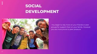 06
SOCIAL
DEVELOPMENT
-You begin to rely more on your friends or peer
groups for support than on your family. However
you are more prone to peer pressure.
 