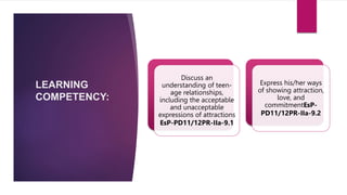 LEARNING
COMPETENCY:
Discuss an
understanding of teen-
age relationships,
including the acceptable
and unacceptable
expressions of attractions
EsP-PD11/12PR-IIa-9.1
Express his/her ways
of showing attraction,
love, and
commitmentEsP-
PD11/12PR-IIa-9.2
 