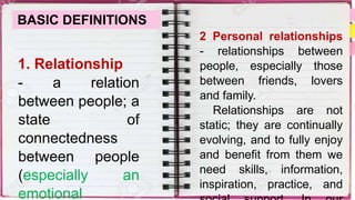 What is It
BASIC DEFINITIONS
1. Relationship
- a relation
between people; a
state of
connectedness
between people
(especially an
emotional
2 Personal relationships
- relationships between
people, especially those
between friends, lovers
and family.
Relationships are not
static; they are continually
evolving, and to fully enjoy
and benefit from them we
need skills, information,
inspiration, practice, and
 