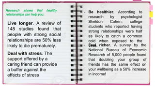 Research shows that healthy
relationships can help you:
Live longer. A review of
148 studies found that
people with strong social
relationships are 50% less
likely to die prematurely.
Deal with stress. The
support offered by a
caring friend can provide
a buffer against the
effects of stress
• Be healthier. According to
research by psychologist
Sheldon Cohen, college
students who reported having
strong relationships were half
as likely to catch a common
cold when exposed to the
virus.
• Feel richer. A survey by the
National Bureau of Economic
Research of 5,000 people found
that doubling your group of
friends has the same effect on
your wellbeing as a 50% increase
in income!
 