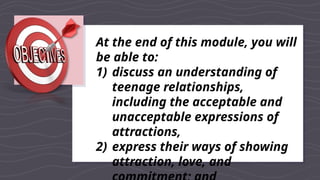 At the end of this module, you will
be able to:
1) discuss an understanding of
teenage relationships,
including the acceptable and
unacceptable expressions of
attractions,
2) express their ways of showing
attraction, love, and
 