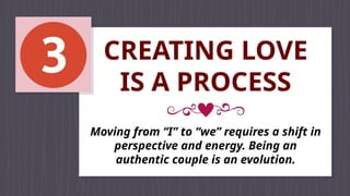 CREATING LOVE
IS A PROCESS
Moving from “I” to “we” requires a shift in
perspective and energy. Being an
authentic couple is an evolution.
 