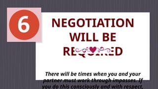NEGOTIATION
WILL BE
REQUIRED
There will be times when you and your
partner must work through impasses. If
you do this consciously and with respect,
 