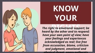KNOW
YOUR
RIGHTS
The right to emotional support; be
heard by the other and to respond;
have your own point of view; have
your feelings and experiences
acknowledged as real; live free
from accusation, blame, criticism
and judgment, emotional and
 