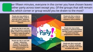 After fifteen minutes, everyone in the corner you have chosen leaves f
another party across town except you. Of the groups that still remain
now, which corner or group would you be drawn to the most?
 
