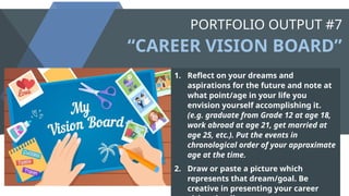 PORTFOLIO OUTPUT #7
“CAREER VISION BOARD”
1. Reflect on your dreams and
aspirations for the future and note at
what point/age in your life you
envision yourself accomplishing it.
(e.g. graduate from Grade 12 at age 18,
work abroad at age 21, get married at
age 25, etc.). Put the events in
chronological order of your approximate
age at the time.
2. Draw or paste a picture which
represents that dream/goal. Be
creative in presenting your career
 