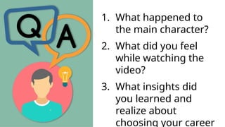 1. What happened to
the main character?
2. What did you feel
while watching the
video?
3. What insights did
you learned and
realize about
choosing your career
 