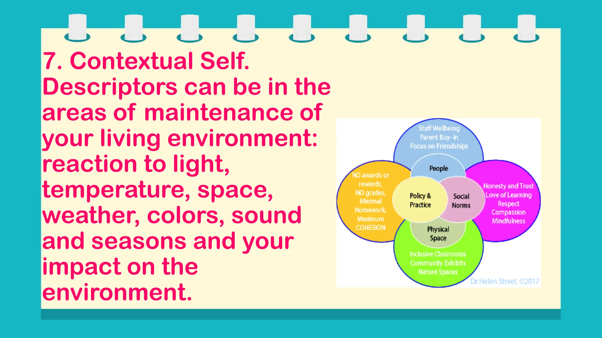 7. Contextual Self.
Descriptors can be in the
areas of maintenance of
your living environment:
reaction to light,
temperature, space,
weather, colors, sound
and seasons and your
impact on the
environment.
 