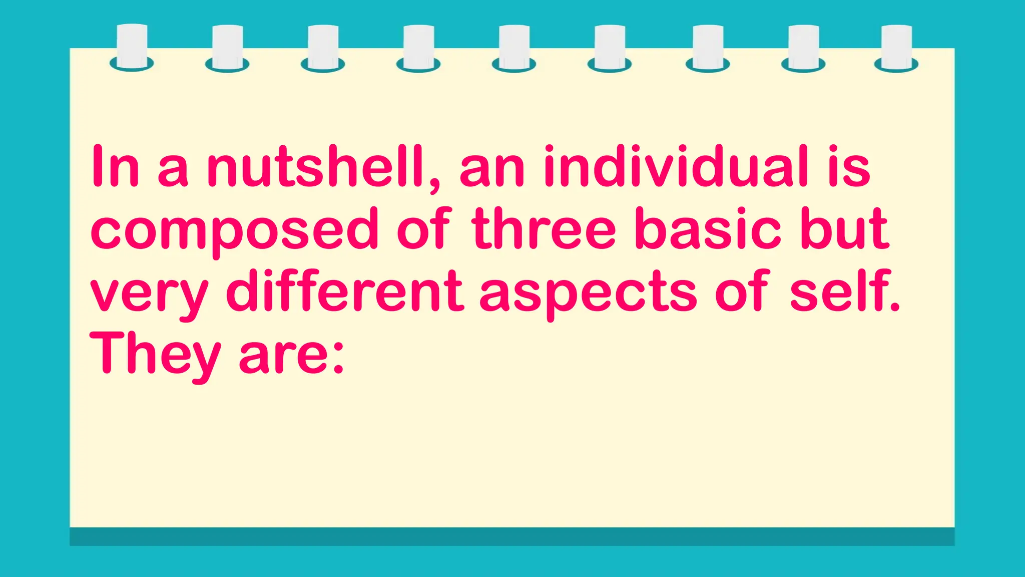 In a nutshell, an individual is
composed of three basic but
very different aspects of self.
They are:
 