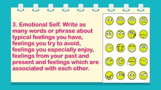 3. Emotional Self. Write as
many words or phrase about
typical feelings you have,
feelings you try to avoid,
feelings you especially enjoy,
feelings from your past and
present and feelings which are
associated with each other.
 