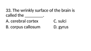 33. The wrinkly surface of the brain is
called the ________.
A. cerebral cortex C. sulci
B. corpus callosum D. gyrus
 