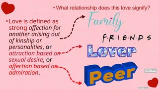 •Love is defined as
strong affection for
another arising out
of kinship or
personalities, or
attraction based on
sexual desire, or
affection based on
admiration.
• What relationship does this love signify?
 