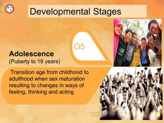 Developmental Stages
O5
Adolescence
(Puberty to 18 years)
Transition age from childhood to
adulthood when sex maturation
resulting to changes in ways of
feeling, thinking and acting
 