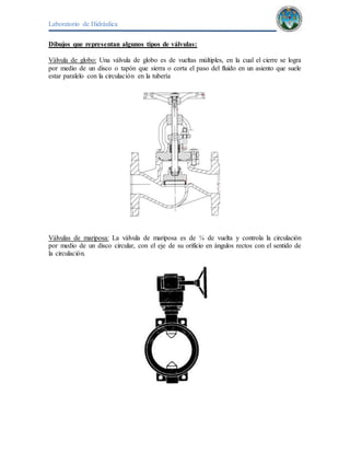 Laboratorio de Hidráulica 
Dibujos que representan algunos tipos de válvulas: 
Válvula de globo: Una válvula de globo es de vueltas múltiples, en la cual el cierre se logra 
por medio de un disco o tapón que sierra o corta el paso del fluido en un asiento que suele 
estar paralelo con la circulación en la tubería 
Válvulas de mariposa: La válvula de mariposa es de ¼ de vuelta y controla la circulación 
por medio de un disco circular, con el eje de su orificio en ángulos rectos con el sentido de 
la circulación. 
 