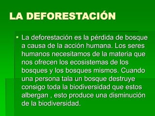 LA DEFORESTACIÓN
 La deforestación es la pérdida de bosque
a causa de la acción humana. Los seres
humanos necesitamos de la materia que
nos ofrecen los ecosistemas de los
bosques y los bosques mismos. Cuando
una persona tala un bosque destruye
consigo toda la biodiversidad que estos
albergan , esto produce una disminución
de la biodiversidad.
 