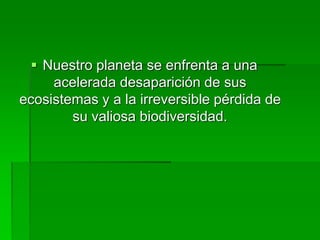  Nuestro planeta se enfrenta a una
acelerada desaparición de sus
ecosistemas y a la irreversible pérdida de
su valiosa biodiversidad.
 