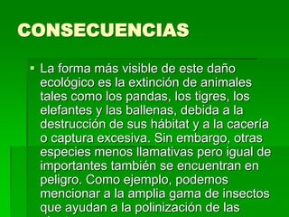 CONSECUENCIAS
 La forma más visible de este daño
ecológico es la extinción de animales
tales como los pandas, los tigres, los
elefantes y las ballenas, debida a la
destrucción de sus hábitat y a la cacería
o captura excesiva. Sin embargo, otras
especies menos llamativas pero igual de
importantes también se encuentran en
peligro. Como ejemplo, podemos
mencionar a la amplia gama de insectos
que ayudan a la polinización de las
 