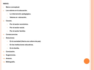 INDICE:

I.      Marco conceptual.

II.     Los valores en la educación.

            La intervención pedagógica.

            Valores en educación.

III.    Causas.

            Por el sector económico.

            Por el sector social.

            Por el sector familiar.

IV.     Consecuencias

V.      Soluciones

            En la sociedad (Hacia una cultura de paz).

            En las instituciones educativas.

            En la familia.

VI.     Conclusión.

VII.    Sugerencias.

VIII.   Anexos.

VIII.   Bibliografía.
 