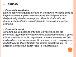 III.     CAUSAS:

      Por el sector económico:
Esto se debe y se agudiza por que en los últimos cincuenta años se
ha producido un auge económico a nivel mundial provocando:
desigualdad y discriminación por la diferente distribución de
dinero, y riñas entre los competidores de empresas que genera
economía

      Por el sector social:
A medida que va pasando el tiempo los valores se han ido
perdiendo, dejándose de enseñar y desvalorándose debido a que la
misma sociedad se ha ido degradando y deshumanizándose. Los
medios de comunicación se han ido sumando a esto con programas
de destruyen la ética y también los centros educativos que no
enseñan los valores ni ponen “pare” a los antivalores.
 