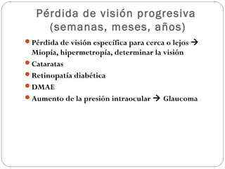 Pérdida de visión progresiva
(semanas, meses, años)
Pérdida de visión específica para cerca o lejos 
Miopía, hipermetropía, determinar la visión
Cataratas
Retinopatía diabética
DMAE
Aumento de la presión intraocular  Glaucoma
 