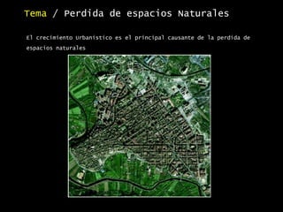 El crecimiento Urbanístico es el principal causante de la perdida de
espacios naturales
Tema / Perdida de espacios Naturales
 