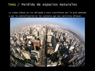 La trama Urbana se vio obligada a este crecimiento por la gran demanda
y por la centralización en los sectores que mas servicios ofrecen.
Tema / Perdida de espacios Naturales
 
