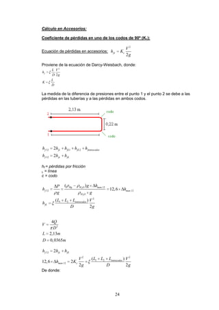 24
Cálculo en Accesorios:
Coeficiente de pérdidas en uno de los codos de 90º (Kc):
Ecuación de pérdidas en accesorios:
2
2
fc c
V
h K
g
Proviene de la ecuación de Darcy-Weisbach, donde:
2
2
f
L V
h
D g
L
K
D
La medida de la diferencia de presiones entre el punto 1 y el punto 2 se debe a las
pérdidas en las tuberías y a las pérdidas en ambos codos.
12 1 2
12
2
2
f fc fL fL fentrecodos
f fc fL
h h h h h
h h h
hf = pérdidas por fricción
L = línea
c = codo
2
2
.12
12 .12
( )
12,6
Hg H O man
f man
H O
g hP
h h
g g
2
1 2( )
2
entrecodos
fL
L L L V
h
D g
2
4
2,13
0,0365
Q
V
D
L m
D m
12
2 2
1 2
.12
2
( )
12,6 2
2 2
f fc fL
entrecodos
man c
h h h
L L LV V
h K
g D g
De donde:
 