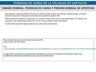 PERDIDAS DE CARGA EN LA VÁLVULAS DE CARTUCHO
TAMAÑO NOMINAL: PERDIDAS DE CARGA Y PRESIÓN NOMINAL DE APERTURA
Para consultar las presiones nominales de apertura PN.
Vayan a la foto de este enlace:
https
://www.facebook.com/OHCA.IND.CMC/photos/a.520375994644511.143129.141154685899979/1747115871970511/?type=3&thea
Y hagan click en el enlace de la presentación explicativa que existe en el comentario de esta foto del álbum de:
ELEMENTOS LÓGICOS DE DOS VÍAS “VÁLVULAS DE CARTUCHO”
Esto siempre y cuando las diferencias entre los valores de ellas no sean muy distintos. Quizás escoger un tamaño
nominal en el que la ∆P estuviera en el entorno de la presión de apertura PN.
Podría elevarse la perdida de carga yendo a un tamaño nominal menor, pero nunca debería tener ∆PT valores muy
superiores a los comprendidos entre el 0,5 % o el 1% de la presión máxima del sistema.
A continuación propondré algunas aplicaciones sobre estas estimaciones.
 