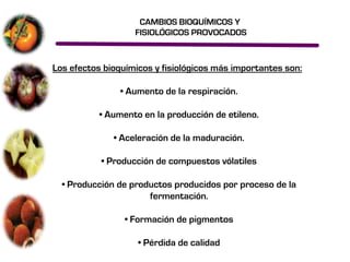 CAMBIOS BIOQUÍMICOS Y
                   FISIOLÓGICOS PROVOCADOS



Los efectos bioquímicos y fisiológicos más importantes son:

                • Aumento de la respiración.

           • Aumento en la producción de etileno.

              • Aceleración de la maduración.

           • Producción de compuestos vólatiles

  • Producción de productos producidos por proceso de la
                      fermentación.

                 • Formación de pigmentos

                    • Pérdida de calidad
 