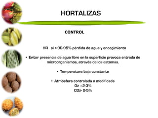 HORTALIZAS

                       CONTROL


        • HR si < 90-95% pérdida de agua y encogimiento

• Evitar presencia de agua libre en la superficie provoca entrada de
             microorganismos, através de los estomas.

                  • Temperatura baja constante

               • Atmósfera controlada o modificada
                           O2 –2-3%
                           CO2- 2-5%
 