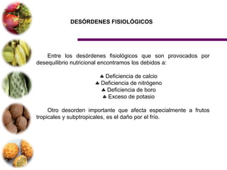 DESÓRDENES FISIOLÓGICOS




    Entre los desórdenes fisiológicos que son provocados por
desequilibrio nutricional encontramos los debidos a:

                        Deficiencia de calcio
                       Deficiencia de nitrógeno
                         Deficiencia de boro
                         Exceso de potasio

     Otro desorden importante que afecta especialmente a frutos
tropicales y subptropicales, es el daño por el frío.
 