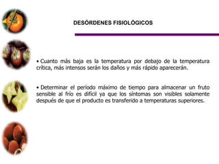 DESÓRDENES FISIOLÓGICOS




• Cuanto más baja es la temperatura por debajo de la temperatura
crítica, más intensos serán los daños y más rápido aparecerán.


• Determinar el período máximo de tiempo para almacenar un fruto
sensible al frío es difícil ya que los síntomas son visibles solamente
después de que el producto es transferido a temperaturas superiores.
 