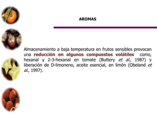 AROMAS




Almacenamiento a baja temperatura en frutos sensibles provocan
una reducción en algunos compuestos volátiles como,
hexanal y 2-3-hexanal en tomate (Buttery et al., 1987) y
liberación de D-limoneno, aceite esencial, en limón (Obeland et
al., 1997).
 