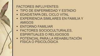 FACTORES INFLUYENTES:
 TIPO DE ENFERMEDAD Y ESTADIO
 EDAD/ETAPA DEL CICLO VITAL
 EXPERIENCIA SIMILARES EN FAMILIA Y
AMIGOS
 ENTORNO FAMILIAR
 FACTORES SOCIOCULTURALES,
ESPIRITUALES O RELIGIOSOS
 POTENCIAL PARA LA REHABILITACIÓN
FÍSICA O PSICOLÓGICA
 