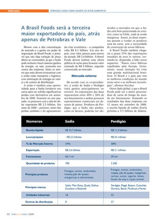 MERCADO                                PERDIGÃO E SADIA CRIAM GIGANTE DO SETOR ALIMENTÍCIO




             A Brasil Foods será a terceira                                                   recidos a mercados em que a Sa-
                                                                                              dia está bem posicionada no exte-
             maior exportadora do país, atrás                                                 rior, como no Chile, onde já vende
                                                                                              margarina. Assim, as duas empre-
             apenas de Petrobras e Vale                                                       sas passam a vender os produtos
                                                                                              uma da outra, sem a necessidade
                Mesmo com a alta concentração        da crise econômica – a companhia         de construção de novas fábricas.
             de mercado e o ganho em poder de        valia R$ 8,3 bilhões. Um ano de-            A Brasil Foods também chega-
             negociação da Brasil Foods, é possí-    pois, esse valor passou para menos       ria a quase 25% das exportações
             vel que não haja variação de preço      da metade, R$ 3,4 bilhões. A Brasil      mundiais de aves in natura, tor-
             direto ao consumidor, já que a fusão    Foods deverá realizar uma oferta         nando-se, disparada, a líder nesse
             pode inclusive trazer maiores ganhos    pública de ações para levantar valor     segmento. “Temos cinco fábricas
             de sinergia, ou seja, economia nos      estimado de R$ 4 bilhões, segundo        espalhadas pela Europa. Certa-
             custos das empresas. Entre os seto-     comunicado ao mercado.                   mente, nossa intenção foi criar
             res que mais devem economizar com                                                uma grande multinacional brasi-
             a união estão transporte e logística,         Mercado externo                    leira. O Brasil é o país que tem
             com otimização de entregas ao vare-                                              as melhores condições do mundo
             jo e de centros de distribuição.          De acordo com os co-presiden-          neste setor e as melhores tecnolo-
                A união é também uma oportu-         tes, a união de Sadia e Perdigão         gias”, afirmou Secches.
             nidade para a Sadia fortalecer seu      trará ganhos principalmente no              Outro dado global, é que a Brasil
             caixa após ter sofrido significativas   exterior. As exportações das duas        Foods pode ser a maior processa-
             perdas com derivativos em setem-        representam entre 40% e 50% de           dora de carne de frango do mun-
             bro de 2008. Somente no ano pas-        seu faturamento e ambas possuem          do em faturamento. Somando os
             sado, os prejuízos com a alta do dó-    representantes comerciais em de-         resultados das duas empresas em
             lar superaram R$ 2,5 bilhões. Em        zenas de países. Produtos da Per-        12 meses até setembro de 2008,
             maio de 2008 – portanto, antes das      digão, que a Sadia não produz,           a receita líquida de ambas ficaria
             perdas cambiais e do agravamento        como os lácteos, poderão ser ofe-        próxima a 9,5 bilhões de dólares,



                 Números                             Sadia                                       Perdigão

                 Receita líquida                     R$ 10,7 bilhões                             R$ 11,4 bilhões

                 Lucro/prejuízo                      - R$ 2,5 bilhões                            R$ 54 milhões

                 % do Mercado Interno                54%                                         58%

                 Exportação                          R$ 5,6 bilhões                              R$ 5,1 bilhões

                 Funcionários                        60,7 mil                                    59 mil

                 Quantidade de produtos              700                                         2.500

                                                     Frangos, suínos, embutidos,                 Frangos, suínos, embutidos,
                                                     massas,pão de queijo,                       massas, pão de queijo, margarinas,
                 Principais produtos
                                                     margarinas e sobremesas.                    carnes, sucos, iogurte, leites,
                                                                                                 farelo de soja e ração animal.

                                                     Sadia, Miss Daisy, Qualy, Deline,           Perdigão, Elegê, Batavo, Cotochés,
                 Principais marcas
                                                     Excelsior e Rezende                         Doriana, Becel, Plusfood e Perdix

                 Unidades industriais                18                                          42

                 Centros de distribuição             8                                           27



12 foodservicenews / 2009
 