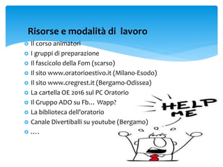 Risorse e modalità di lavoro
 Il corso animatori
 I gruppi di preparazione
 Il fascicolo della Fom (scarso)
 Il sito www.oratorioestivo.it (Milano-Esodo)
 Il sito www.cregrest.it (Bergamo-Odissea)
 La cartella OE 2016 sul PC Oratorio
 Il Gruppo ADO su Fb… Wapp?
 La biblioteca dell’oratorio
 Canale Divertiballi su youtube (Bergamo)
 ….
 