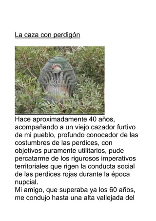 La caza con perdigón
Hace aproximadamente 40 años,
acompañando a un viejo cazador furtivo
de mi pueblo, profundo conocedor...