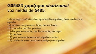 G05483 ταριζομαι charizomai
voz média de 5485;
1) fazer algo confortável ou agradável (a alguém), fazer um favor a,
agradar
1a) mostrar-se generoso, bom, benevolente
1b) conceder perdão, perdoar
1c) dar graciosamente, dar livremente, entregar
1c1) perdoar
1c2) graciosamente restaurar alguém a outro
1c3) cuidar de uma pessoa em perigo para alguém
 