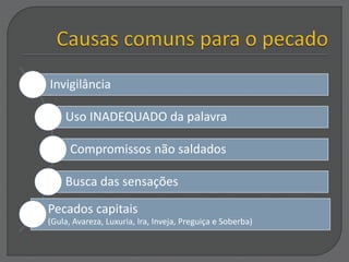 Invigilância
Uso INADEQUADO da palavra
Compromissos não saldados
Busca das sensações
Pecados capitais
(Gula, Avareza, Luxuria, Ira, Inveja, Preguiça e Soberba)
 