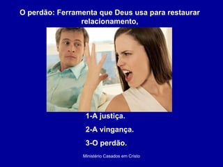 Ministério Casados em Cristo O perdão: Ferramenta que Deus usa para restaurar relacionamento, 1-A justiça. 2-A vingança. 3-O perdão. 