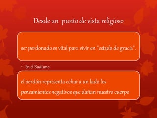 Desde un punto de vista religioso
ser perdonado es vital para vivir en "estado de gracia".
• En el Budismo
el perdón representa echar a un lado los
pensamientos negativos que dañan nuestro cuerpo