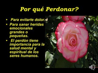 Por qué Perdonar? Para evitarte dolor.  Para sanar heridas emocionales  grandes o pequeñas.  El perdón tiene importancia para la salud mental y espiritual de los seres humanos. 