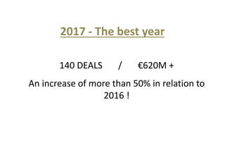2017 - The best year
140 DEALS / €620M +
An increase of more than 50% in relation to
2016 !
 