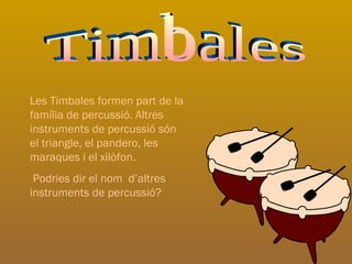 Timbales Les Timbales formen part de la família de percussió. Altres instruments de percussió són el triangle, el pandero,...