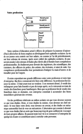Votre profession
Actif
Votre entreprise
109
Travail pour
un patron
Travail pour le
gouvernement
Passif
Travail
pour
une
banque
Notre système d'éducation actuel s'efforce de préparer la jeunesse d'aujour-
d'hui à décrocher de bons emplois en développant leurs aptitudes scolaires . La vie
de ces jeunes sera centrée sur leur salaire, ou comme je l'ai dit précédemment,
sur leur colonne de revenus. Après avoir cultivé des aptitudes scolaires, ils pas-
seront ensuite à des niveaux d'études plus élevés afin d'étendre leurs compétences
professionnelles . Ils étudieront pour devenir des ingénieurs, des scientifiques, des
cuisiniers, des officiers de police, des artistes, des écrivains, et ainsi de suite . Ces
compétences professionnelles leur permettront d'intégrer la main-d'oeuvre et de
travailler pour de l'argent.
il existe cependant une grande différence entre votre profession et votre type
d'entreprise. Ray Kroc connaissait très bien cette différence . Sa profession fut tou-
jours la même : il était avant tout un vendeur . À un moment donné, il vendit des
mélangeurs pour laits fouettés et peu de temps après, on le retrouvait en train de
vendre des franchises pour hamburgers . Bien que sa profession fut de vendre des
franchises dans ce domaine, son entreprise consistait à accumuler des biens
immobiliers générant des revenus .
Un des problèmes inhérents au milieu scolaire est que vous devenez souvent
ce que vous étudiez. Donc, si vous étudiez la cuisine, vous devenez un chef cui-
sinier. Si vous faites votre droit, vous devenez un avocat, et des études en méca-
nique automobile font de vous un mécanicien. L'aberration qui consiste à devenir
ce que vous étudiez fait en sorte que beaucoup trop de gens oublient de s'occuper
de leurs propres affaires. Ils passent toute leur vie à se consacrer à l'entreprise de
quelqu'un d'autre et contribuent ainsi à enrichir cette personne.
 