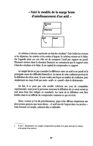 « Voici le modèle de la marge brute
d'autofinancement d'un actif. »
Dépenses
tif P if
Le schéma ci-dessus représente un état des résultats 5. Cela évalue les revenus
et les dépenses, les entrées et les sorties d'argent . Le schéma suivant est le bilan .
On l'appelle ainsi car son rôle est de comparer l'actif par rapport au passif .
Plusieurs novices dans le domaine financier ne connaissent pas le rapport entre
l'état des résultats et le bilan . Il est capital de comprendre ce rapport .
Le simple fait de ne pas connaître la différence entre un actif et un passif est la
principale cause des difficultés financières . La raison de cette confusion provient de
la définition des deux mots . Si vous voulez une leçon en matière de confusion, jetez
simplement un coup d'oeil aux mots « actif » et « passif » dans le dictionnaire.
En fait, il se peut que cela semble cohérent aux yeux de comptables
expérimentés, mais pour la personne moyenne la définition de ces mots aurait pu
tout aussi bien être rédigée en mandarin. Les mots de la définition sont bien
lisibles mais il est difficile de comprendre vraiment ce qui est écrit .
Donc, comme je l'ai dit précédemment, papa riche affirma simplement aux
deux jeunes garçons que nous étions : « L'actif met de l'argent dans vos poches. »
Cette formule est simple, joliment dite et utilisable .
5.
	
N. du T. : État financier (ou compte) où figurent les produits et les gains ainsi que les charges
et les pertes d'un exercice.
82
 