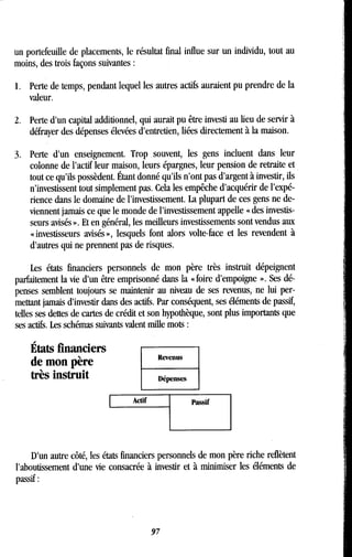 un portefeuille de placements, le résultat final influe sur un individu, tout au
moins, des trois façons suivantes
1 . Perte de temps, pendant lequel les autres actifs auraient pu prendre de la
valeur.
Perte d'un capital additionnel, qui aurait pu être investi au lieu de servir à
défrayer des dépenses élevées d'entretien, liées directement à la maison .
3. Perte d'un enseignement. Trop souvent, les gens incluent dans leur
colonne de l'actif leur maison, leurs épargnes, leur pension de retraite et
tout ce qu'ils possèdent. Étant donné qu'ils n'ont pas d'argent à investir, ils
n'investissent tout simplement pas . Cela les empêche d'acquérir de l'expé-
rience dans le domaine de l'investissement . La plupart de ces gens ne de-
viennent jamais ce que le monde de l'investissement appelle « des investis-
seurs avisés » . Et en général, les meilleurs investissements sont vendus aux
« investisseurs avisés », lesquels font alors volte-face et les revendent à
d'autres qui ne prennent pas de risques .
Les états financiers personnels de mon père très instruit dépeignent
parfaitement la vie d'un être emprisonné dans la « foire d'empoigne » . Ses dé-
penses semblent toujours se maintenir au niveau de ses revenus, ne lui per-
mettant jamais d'investir dans des actifs . Par conséquent, ses éléments de passif,
telles ses dettes de cartes de crédit et son hypothèque, sont plus importants que
ses actifs. Les schémas suivants valent mille mots
États financiers
de mon père
très instruit
Actif
Revenus
Dépenses
Passif
D'un autre côté, les états financiers personnels de mon père riche reflètent
l'aboutissement d'une vie consacrée à investir et à minimiser les éléments de
passif
97
 